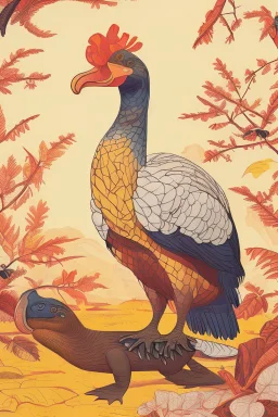 John James Audubon-like illustration of a fully uncropped Dodo bird and a Platypus in a landscape of warm yellows, warm reds, and warm blues