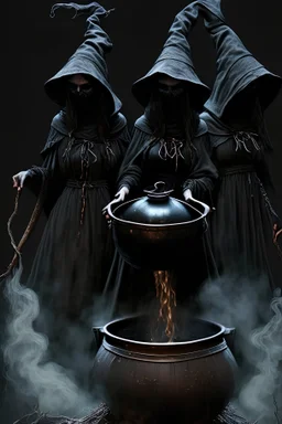 3 black witch sisters standing over a cauldron their faces are hidden under large hoods