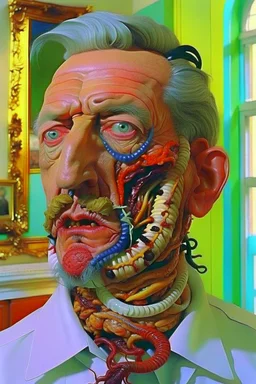 Anatomy interiors worm man face, pulp, photorealistic, shoot by Helmut Newton, very low contrasts, very soft colors