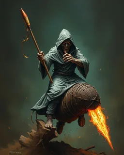 Bosch painting style ,nightmare, Scary hooded creature riding and holding with both hand a rocket dropped