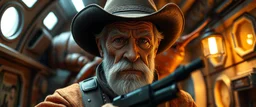 gritty air brush 3d with pen outline,seasoned handsome gunslinger western fluffy elder edgy hero with slightly glowing eyes in front of glistening space lobster dog, shallow depth of field, warm lantern, pin hole cam in doll house space ship, bottom floor board edge border