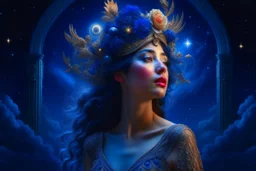 sky in a starry night with glowing meteor showers, ascension of a woman in flower crown decomposing and dissolving into moon, dark - blue black gold beige saturated, ornate baroque rococo art nouveau intricate detail, 3 d specular lighting, cinematic