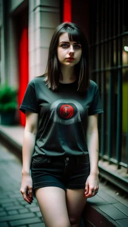 generate a full-length girl with gray-green sad eyes, with dark hair above the shoulders, a round face, not very plump lips, in a black T-shirt with a red print, short shorts, blue socks