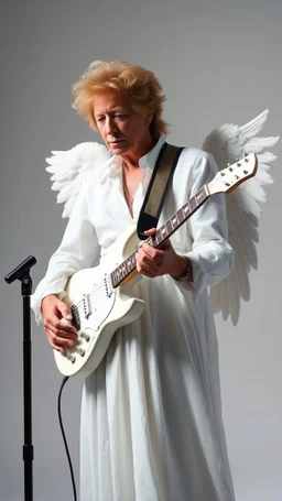 Bob Dylan in his 70th old , looks like an angel with white dress holding a white quitar white background all white picture including his hair