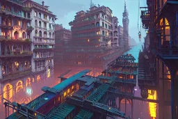 Elevated Train pass+train corner building+colorful genoa street+Italian medieval town+Italian city sea+alphonse mucha, greg rutkowski,matte painting, cryengine, hyper detailed, felix kelly, fantasy art, seb mckinnon