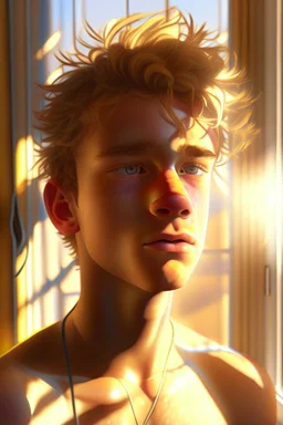 A hyper-realistic portrait of an athletic teen boy with honey brown eyes, thick golden blond hair, cute, innocent and content, looking out a window, a hint of facial hair, shirtless, slim and lean body, slightly tanned, inside an empty room with warm sunlight streaming in, detailed, high definition, 4K, 8K, quality render, photo realistic