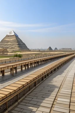 A tourist walkway in Egypt overlooking the pyramids and has seating places