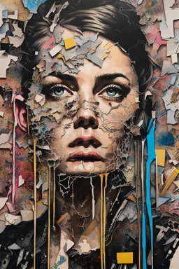 Ultra detailed medium portrait painting of anxiety , torn up collage of clippings, broken circuitry background, matrix effects, punk visual art, punk art aesthetic, graffiti art, pop surrealism, collage art, cluttered paint glitches