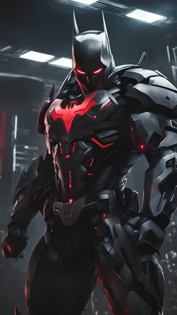 A close picture to batman cyborg with Mix between transformers and batman and symbiote venom with black color and red details and with little red light in cyberpunk art style