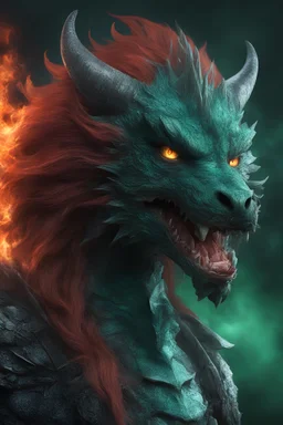 3D, the anthropomorphic black Chinese Indian werewolf Dragon with Long wavy, curly (((red hair))) and bright, (((sea-green eyes))), breathing fire - full color - 32k, UHD, 1080p, 8 x 10, glossy professional quality digital photograph - dark foggy gradated background, historic, powerful, octane rendering, exquisite detail, 30 - megapixel, 4k, 85 - mm - lens, sharp - focus, intricately - detailed, long exposure time, f8, ISO 100 - back - lighting, ((skin details, high detailed skin texture))