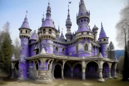 A purple haunted castle filled with ghosts painted by Antoni Gaudi