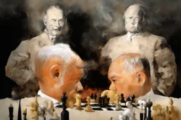 Putin, President Xi Of China And Joe Biden Play Chess With Atomic Bomb Mushroom Cloud,Complex Surgical Instruments Intermixed With A Newborn Boy,Minimalism,Painting By Adrian Ghenie,Rene Magritte,Pablo Picasso,Michelangelo,Salvador Dali,Lucian Freud