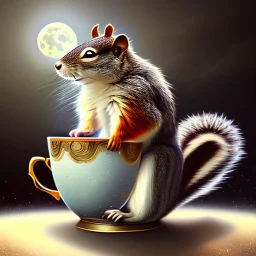 laughing squirrel sleeping, dreaming of the moon, drinking warm tea surfing waves on a teacup,misty fantasy art, book cover