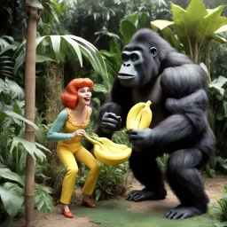 [1960’s stop-motion animation style in a creepy garden] a 70s banana advertisment video TV advertisement featuring the hungry jungle woman and her male gorilla brings her a big banana to eat in her mouth to satisfy her appetite, she eats the banana slowly as a claymation character toy from a claymation horror movie in burning rainbow land, from hell, skeleton aliens from damnation, creepy Videos black eyes, eyeballs everywhere , as old advertisement shot on video VHS