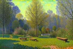 Sunny day with rocks and trees, square bench, alfred sisley impressionism painting