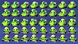 game sprite sheet of 30 images of stylized frog, view from six different angles covering 360°, collection sheet, arcade game, digital art