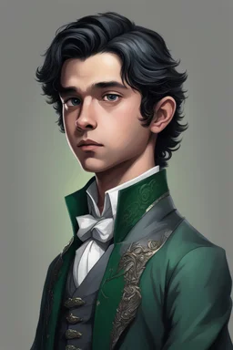 11-year-old, boy, long hair, black hair, grey colored eyes, grey iris, olive skin tone, good-looking, carelessly handsome, slightly spoiled, haughty look on his face, wealthy, aristocratic, high cheekbones, thin, toned, Slytherin, realistic,