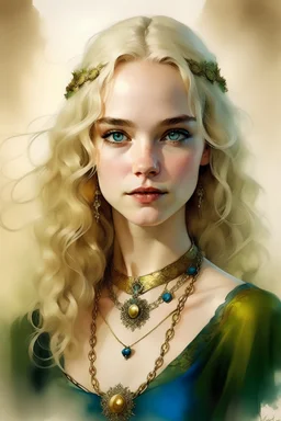 Targaryen princess aged 16, epitomizes Targaryen allure with her silver curls and blue lilac eyes. Gold necklace, freckles, porcelain skin and high soft cheekbones. Wearing gold and dark green, soft make up and full lips. Posed for a portrait, watercolour