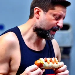 Volodymyr Zelensky WITH A BEARD wearing TANKTOP EATING A HOTDOG