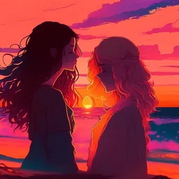 sunset, lofi colors, lofi vibes, cool colors, 2 girl