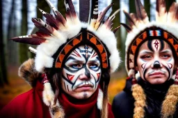 Northern Native people, indigenous, birch-bark in the face of Kekripukki, Scary Horns, Midwinter, Ghost, Mystic, Haunted Children, Witch, Wizard, Sage, Traditional Costumes, Full Face Painted colorfully. Arctic Hills, Strange Forest, Haunting Atmosphere, Crazy