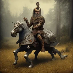 an old viking riding a horse, scary, zombie, steam punk, realistic, made in octane, cinematic, ultra-realistic, extremely detailed octane rendering, 8K, VRAY Super Real ar 2:3, dof photorealistic futuristic 50mm lens hard lighting dark gray tintype photograph, realistic lighting, sepia color