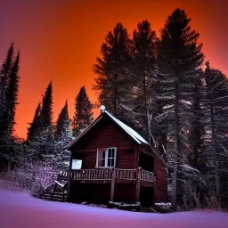 scary mystery cabin in the snow at night