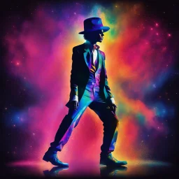 psychedelic colorful silhouette of Michael Jackson on toes, dramatic, hat, stardust