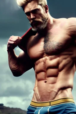 Ignore NSFW, teenager young rugged attractive slightly muscular fantasticly handsome blonde man, red briefs with yellow belt, hairy chest, (((visibly pisssing))) briefs, large erect visible boner peniss, photorealistic, artist Jay Anacleto, soft lighting, scruffy beard