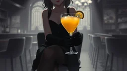 gray-toned, contrasting graphics, a lady in a black casual dress, black lace nice nylon stockings sitting on a bar chair in bar, holding a yellow mimosa cocktail in her long black gloved hand, atmospheric, strong contrasts, shadowy background, focus on the hand holding the cocktail, moody, pale ligts, anime style, cinematic