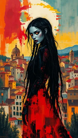 full body, wildly stylized abstract realist painting of a bold, audacious female vampire with highly detailed long dark braided hair and facial features and glowing eyes in the style of Jeremy Mann, her silhouette residing amidst bold, attention-grabbing abstract design that's defined by a wash of vibrant, highly saturated natural hues, juxtaposed against stark, surrealist medieval Spanish landscape of bustling colored cityscapes
