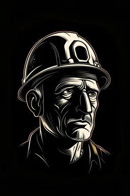 minimalist, primitive art coal miner portrait as icon for an app or logotype. A little tired, A little dirty. He keeps a vertical hack besides his right shoulder. He wears а headpiece with a headlight