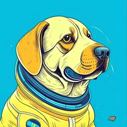 A funny meme style colour drawing of a Labrador in a spacesuit similar to the dogecoin dog image with the dog making a funny face