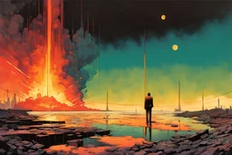 a surreal illustration of how you faltered under the crippling confusion of your blatant disregard for the truth, your ignorance and greed a stain to damning to be forgiven, and your final destruction as the world disintegrates around you, highly detailed, 4k in the comic art style of Bill Sienkiewicz, and Jean Giraud Moebius