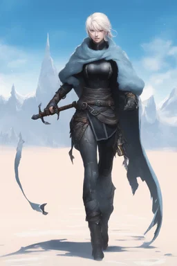 A female cleric dressed for the cold with a sword.