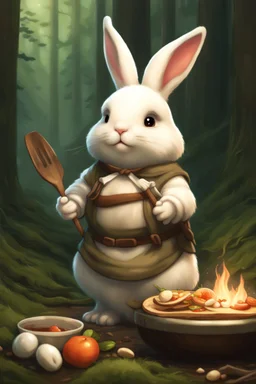 Cute chubby bunny floppy ears adventurer dnd cooking in a forest art realism