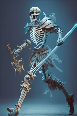 medieval knight walking dramatically toward the viewer, sword in hand. A skeleton on his back.