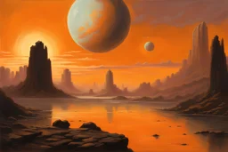 Orange sky, planet in the sky, rocks, mountains, sci-fi, 80's sci-fi movies infuence, walter leistikow, hans am ende, and ernest welvaert impressionism paintings