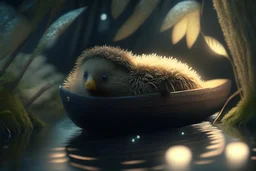 cute kiwi with thick fur in boat, by moonlit forest by stream, book illustration, fine detail, 4k, trending, volumetric light, depth of field