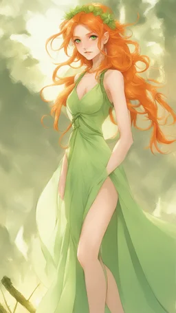 Hot Elf with orange hair and glowing green eyes She wears a light green dress