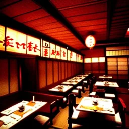 Escena de restaurante japonés estilo blade runner lleno de personas comiendo