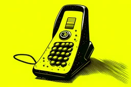 cartoon-looking vintage hand-held phone overlaid with a yellow background.