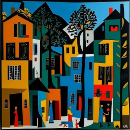 A black village in a shadow realm designed in Mexican folk art painted by Stuart Davis