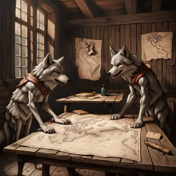 two anthropomorphic wolf stand around the old wooden table. They studying two map which features markings drawing are visible. one map lies down on big wooden table, one map holds his paws, older wolf a gnarled tree leans on a stick, in background the room's massive wooden walls, one little window, high realistic, detailed, cinematic mood