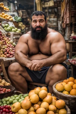 half figure photography of a burly chubby muscular strong 39-year-old arab in Istanbul bazaar, ajar mouth, shirtless, short beard, curly hair, serious, , selling fruits sitting on an old chair, big shoulders, bulge, manly chest, very hairy, side light, view from the ground