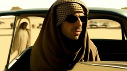 takistan life, movie scene. dr arab cover 2001, closeup dnd style. sunglasses, cape. lawrence of arabia. car race drag.