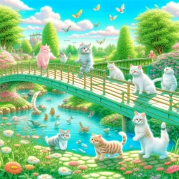 in the center: beautiful chunky cats dancing on a bridge , background: landscape, first plan: pink flowers and a small river with blue water, sky: white clouds with more cats sitting on them