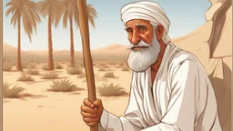 Old man, Arab, turban, white clothes, cattle, desert, council, sun, palm trees, mud houses, holding a stick, looking forward, a very slight smile.cartoon,Sitting on a chair,long beard,Mouth slightly open,Realistic features, portrait