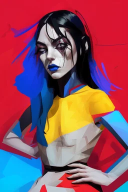 whimsical arafed nonsense stylized abstract portrait of a woman with dark bob hair, seated with arms crossed, (((exaggerated body parts))), (((oversize head))), in vibrant red dress and blue accents around wrists, background is blend of bold yellow and black patchwork vibe, rainy whimsical afternoon, sharp color contrasts, amazing shadows, minimal cozy, color leak, heavily distorted views, amazing parallels