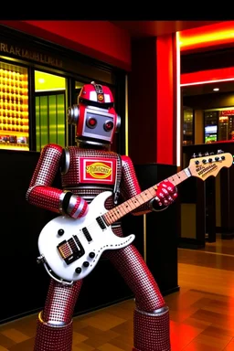 A hard rock robot is hosting a radio show in a m